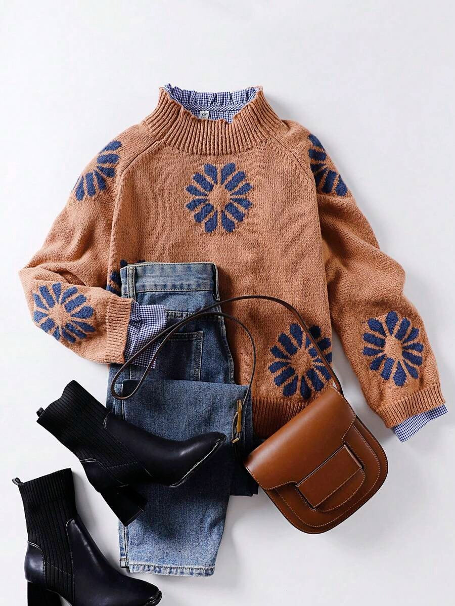 Damen Strickpullover mit floralem Motiv und modernem Rundhalsausschnitt Amawinc