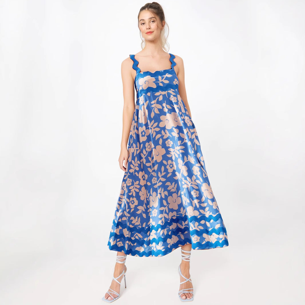 Robe Maxi Femme Léger Imprimé Floral Élégant Bretelles Ondulées Bord Délicat Pour Été Et Célébrations Amawinc