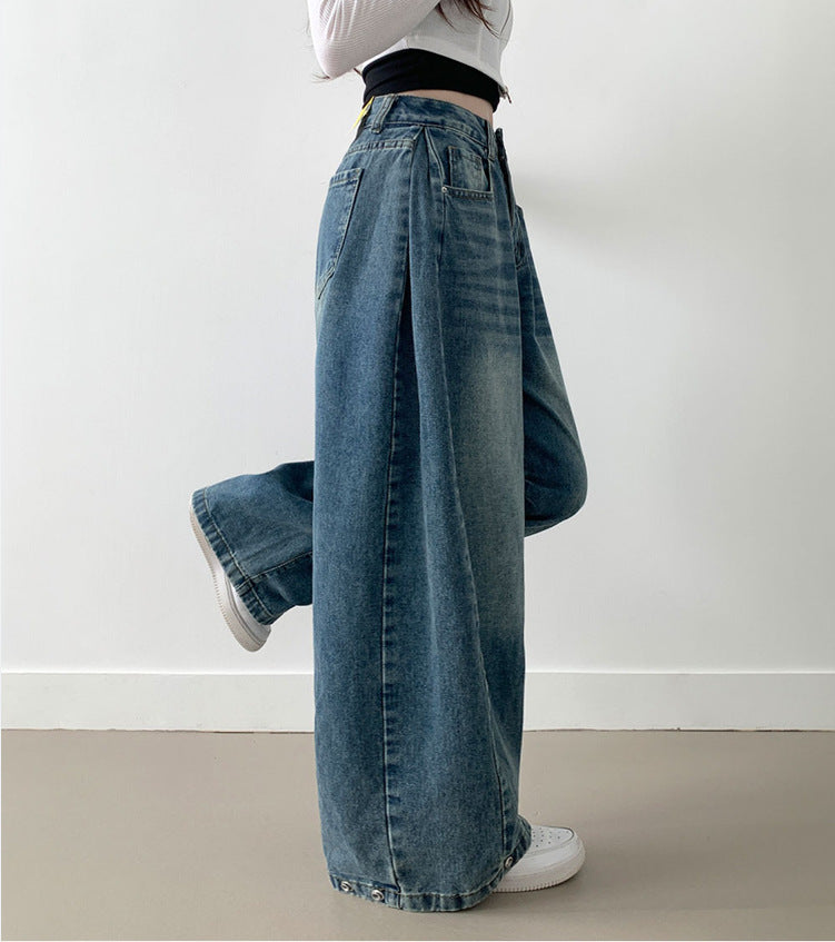 Damen Weite High-Waist Denim-Hose mit Faltenwurf Amawinc