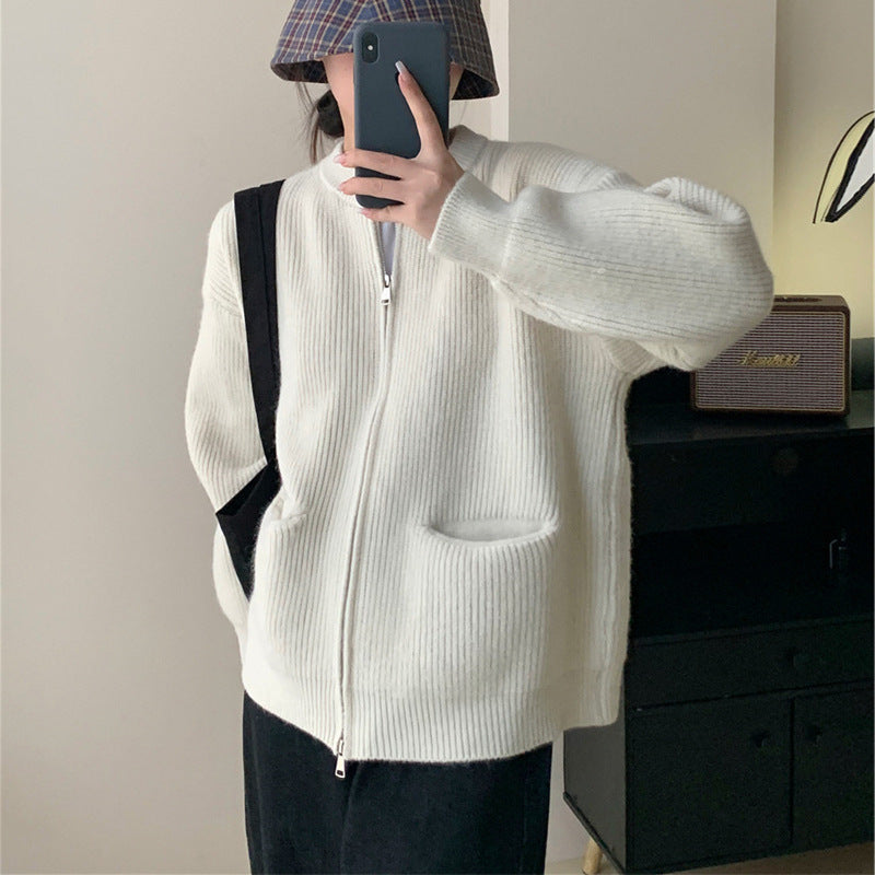 Cardigan Femme En Maille Côtelée Mélange Laine Coupe Oversize Avec Double Zip Poches