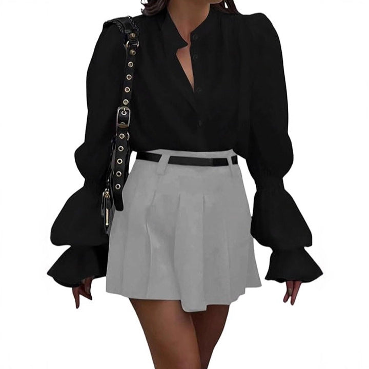 Damen Bluse mit eleganten Puffärmeln und zeitlosem Stehkragen Amawinc