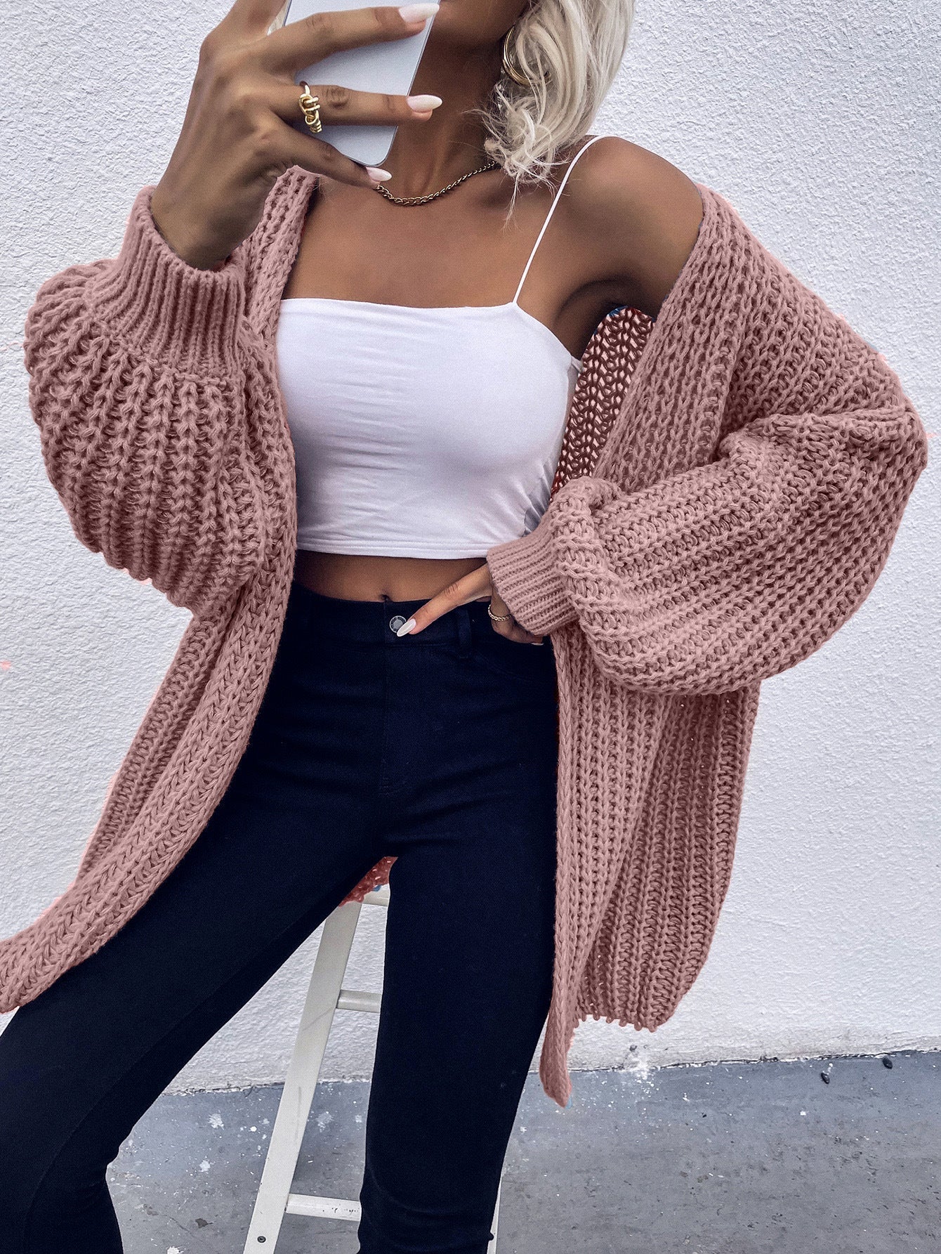 Damen Grobstrickjacke mit voluminösen Ärmeln und offener Front Amawinc