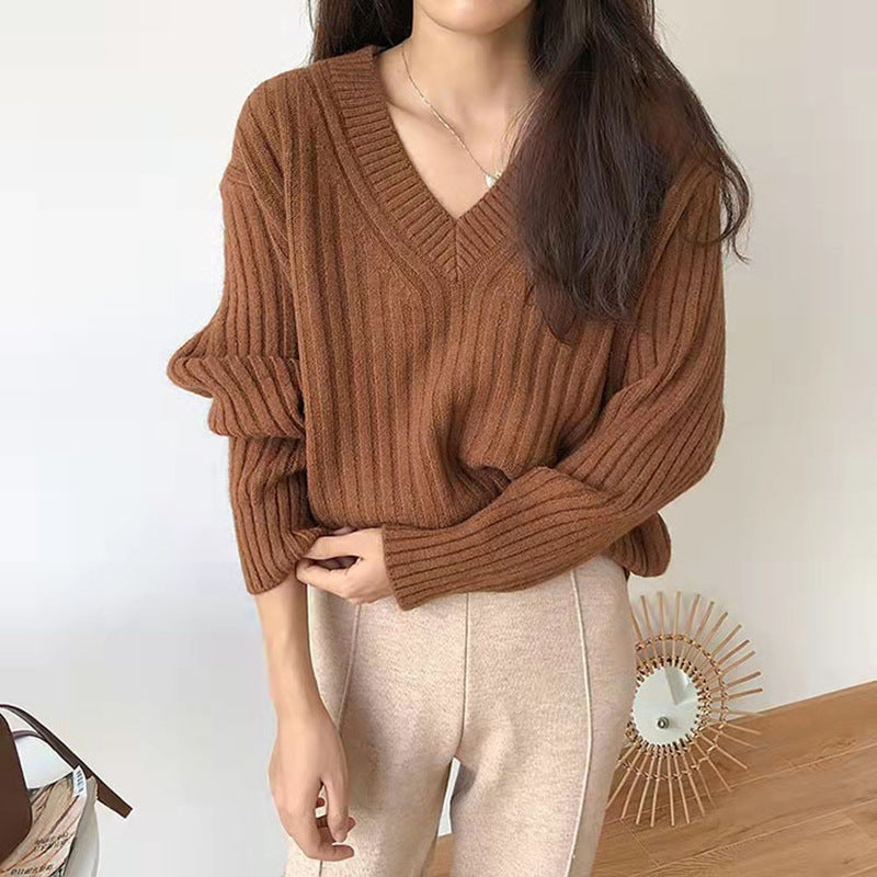 Damen Viskose-Strickpullover mit V-Ausschnitt und geripptem Design Amawinc