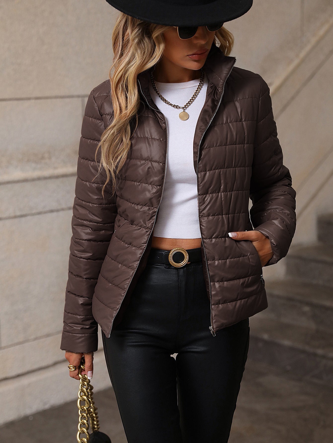 Veste Matelassée Pour Femme Coupe Ajustée Mélange Coton Brillant Zip Avant Col Demi Hauteur Nordisk Flair