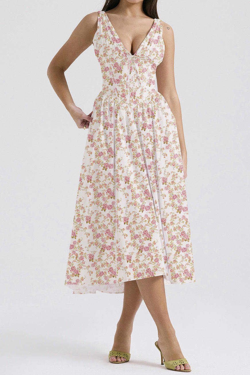 Amawinc Robe Femme Aline Sans Manches Décolleté En V Imprimé Floral Longueur Midi Chic Et Confortable Été