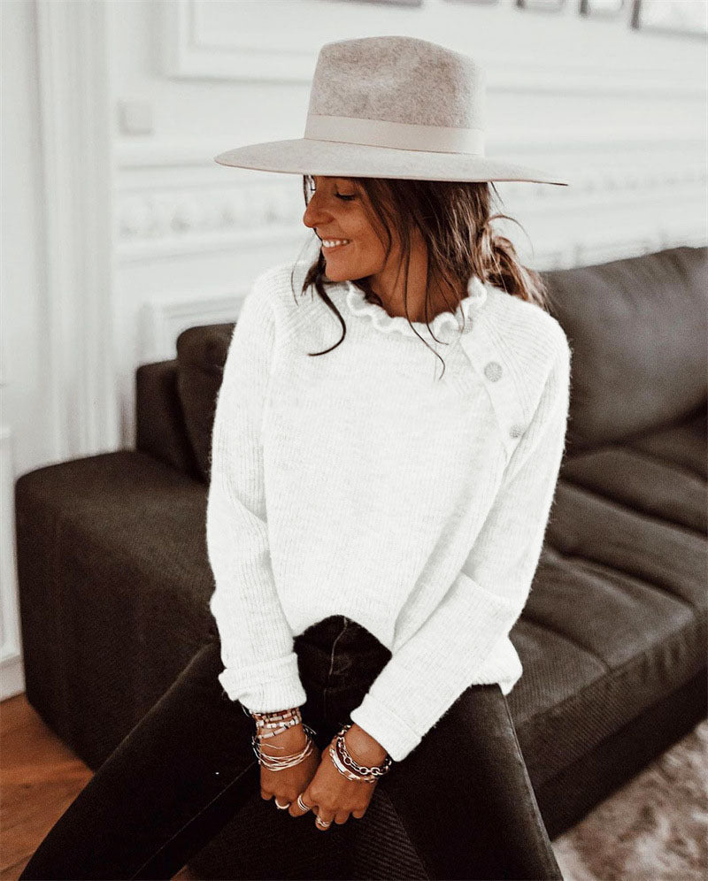 Pull En Maille Pour Femme Mélange De Laine Coupe Décontractée Col Volant Manches Longues
