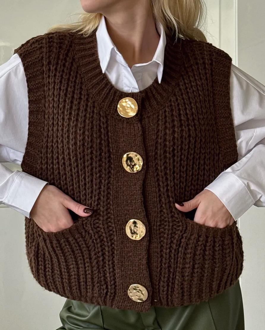 Gilet Tricot Femme Mélange Laine Coupe Oversized Texture Côtlée Bouton Devant Poches