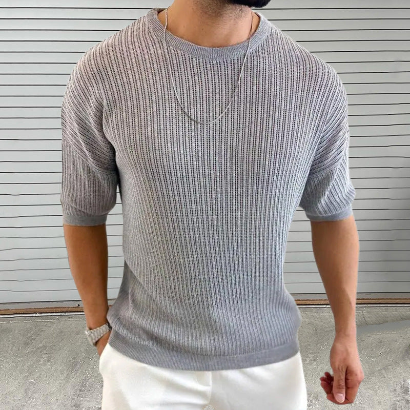 Pull Homme Slim En Maille À Côtes Légères À Manches Courtes Col Rond Coton Respirant Pour Style Moderne