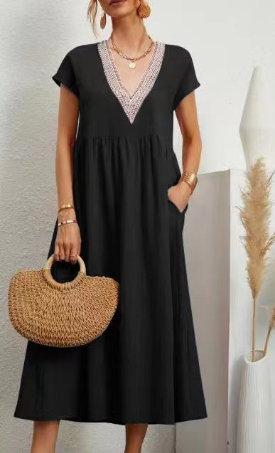 Baumwoll-Leinen Kleid Emma: Kurzarm, locker geschnitten, V-Ausschnitt, Taschen