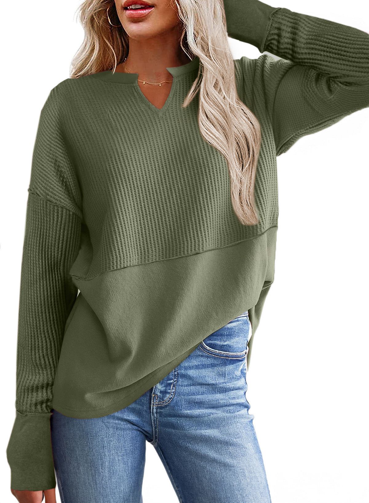 Damen lässiger Knit-Pullover mit V-Ausschnitt und Struktur Amawinc