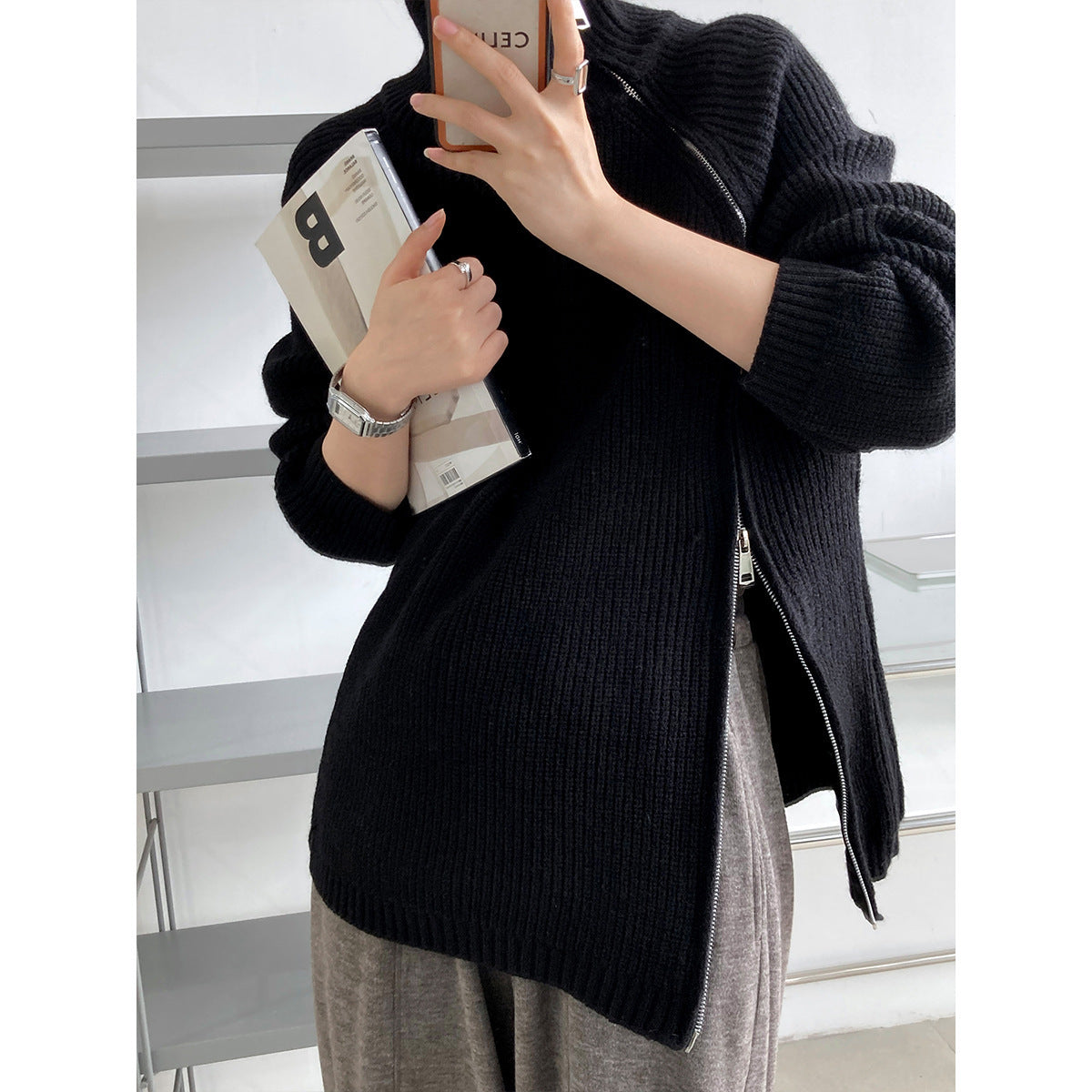 Pull Femme Tricot Mélange de Laine Oversize Col Haut Zip Latéral Nordisk Flair Confortable