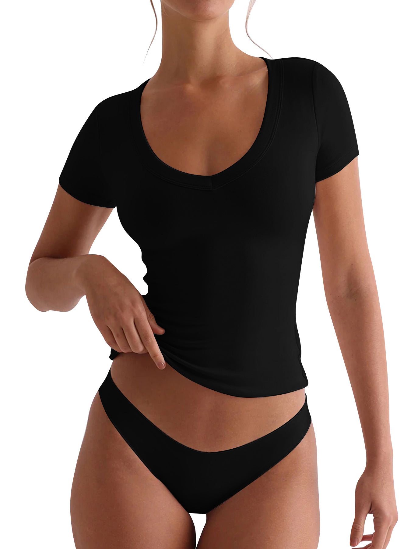 Damen figurbetontes V-Neck T-Shirt mit kurzen Ärmeln Amawinc