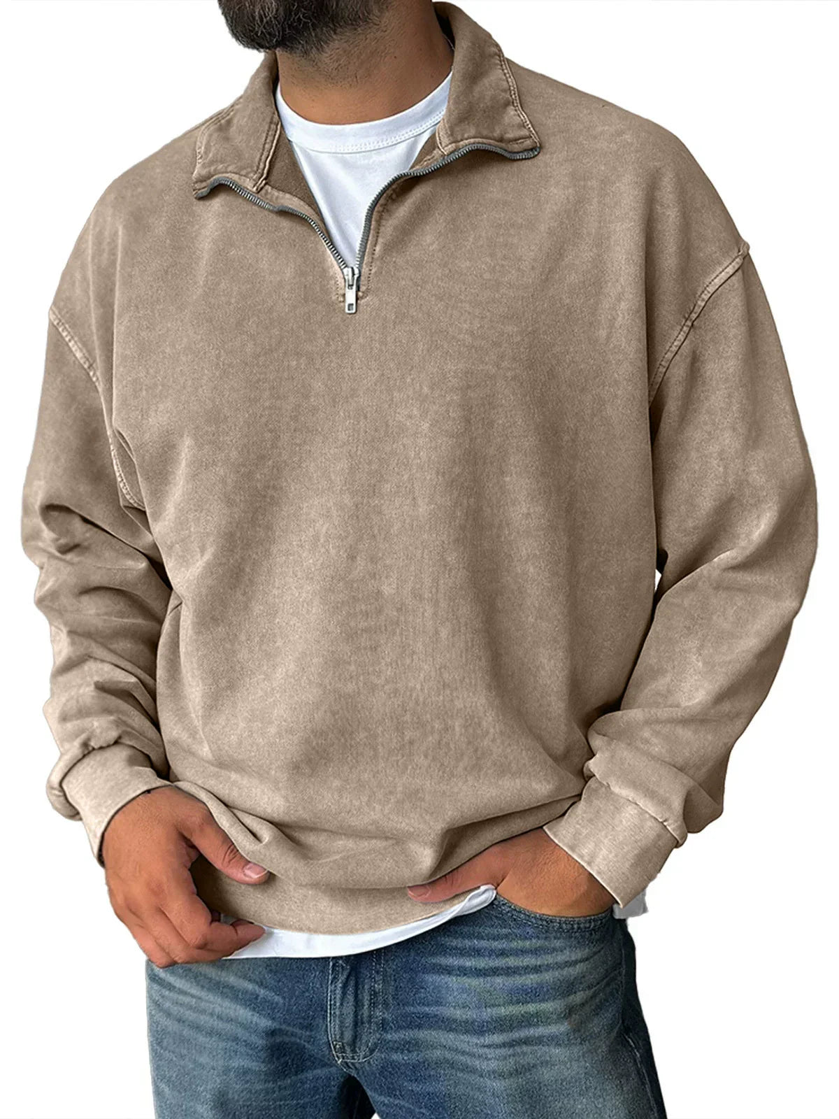 Sweat Homme Demi Zip Col Montant Mélange Coton Coupe Décontractée Épaule Tombante Amawinc
