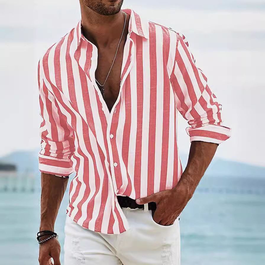 Chemise Homme Amawinc Manches Longues En Mélange Coton Lin Rayé Coupe Décontractée Pour Quotidien