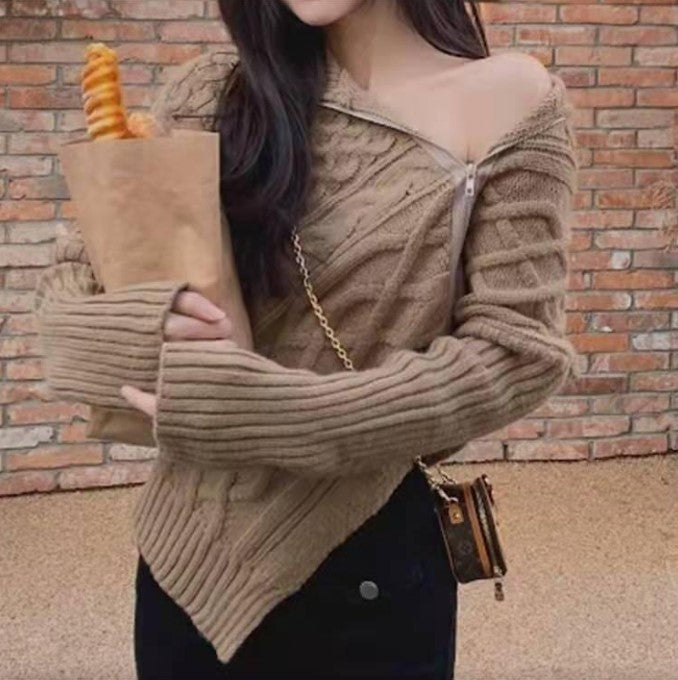 Damen hochwertiger Strickpullover mit hohem Kragen und asymmetrischem Design Amawinc