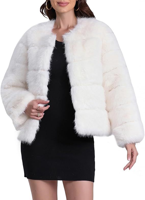 Damen Kuschelige Kunstpelzjacke mit modischem Puffärmel-Design Amawinc