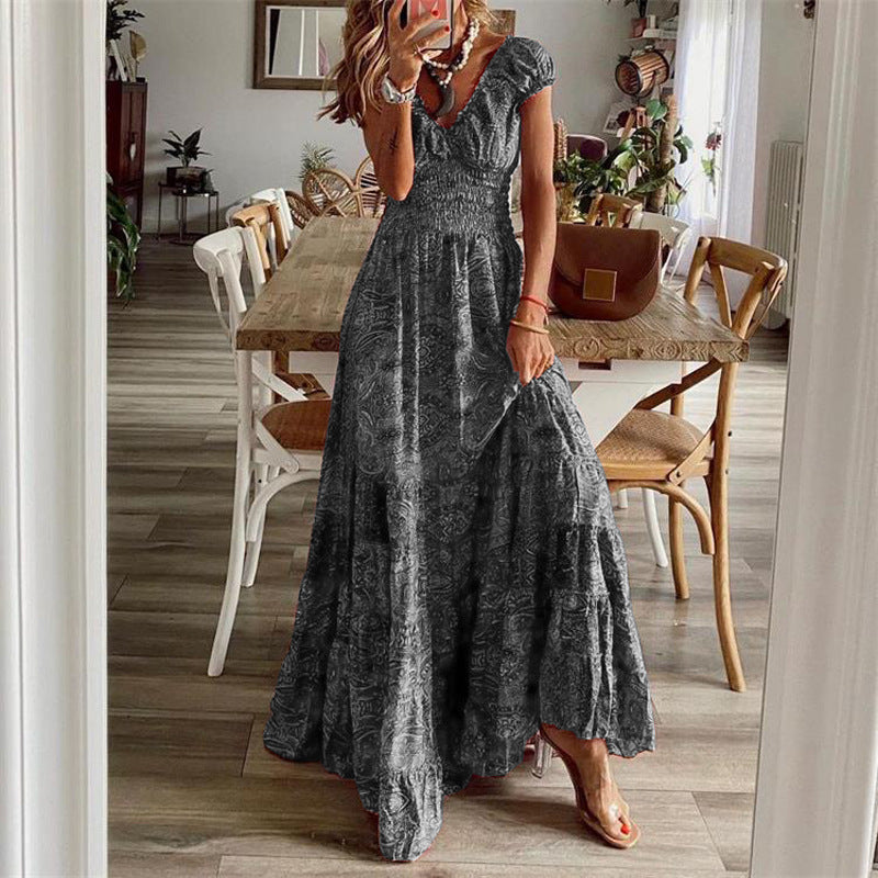 Robe Maxi Femme Col En V Buste Smocké Jupe À Étages Coton Respirant Amawinc Confortable Légère