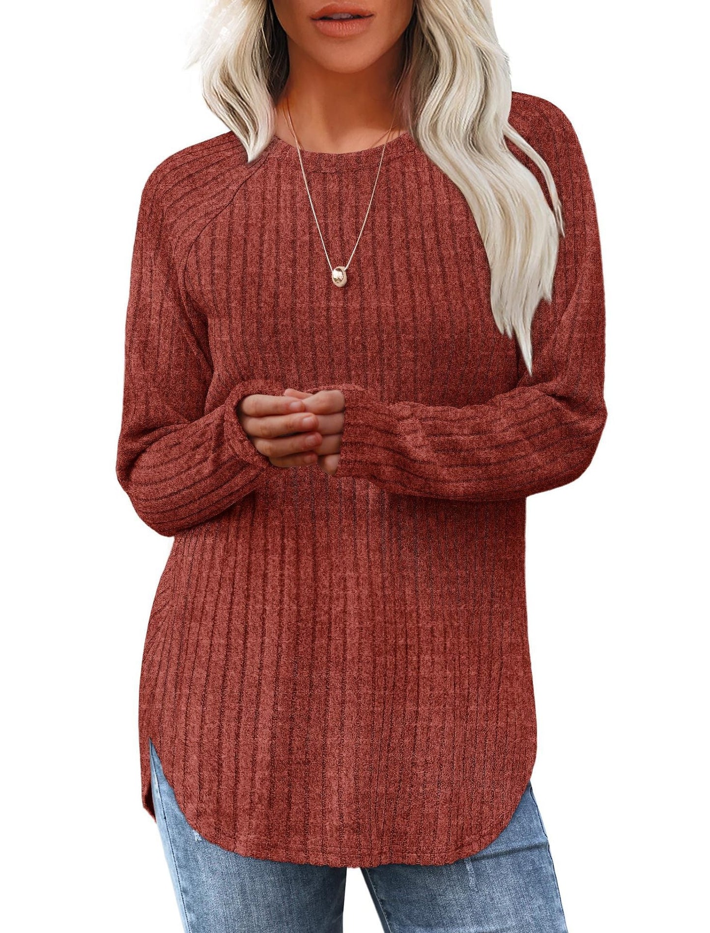 Damen weicher und lässiger Strickpullover mit Rippenmuster Amawinc