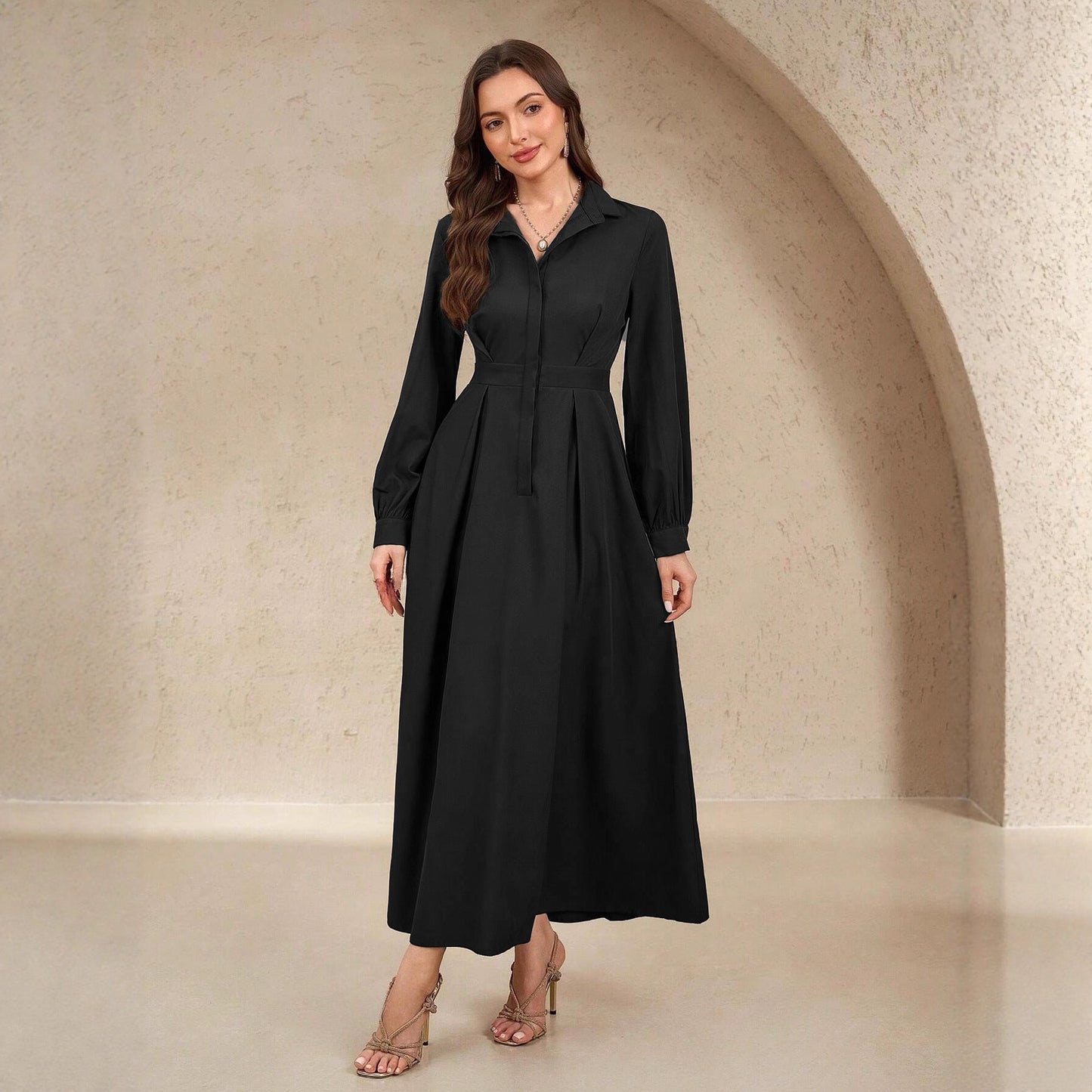 Damen Elegantes Hemdblusenkleid mit schwingendem Rock und praktischen Taschen Amawinc
