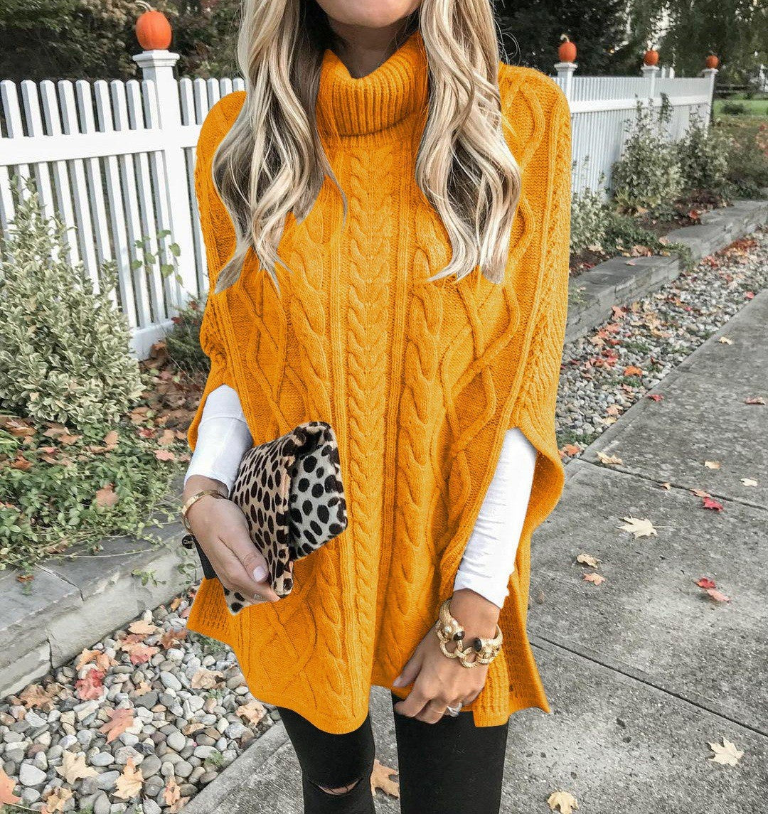 Damen Strickponcho mit hochschließendem Kragen und klassischem Kabelmuster Amawinc