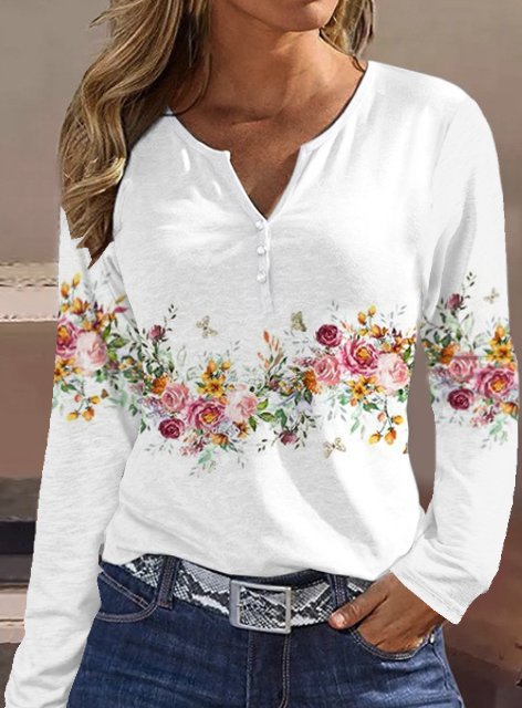 Damen Langarmshirt mit floralem Motiv und Knopfdetails Amawinc