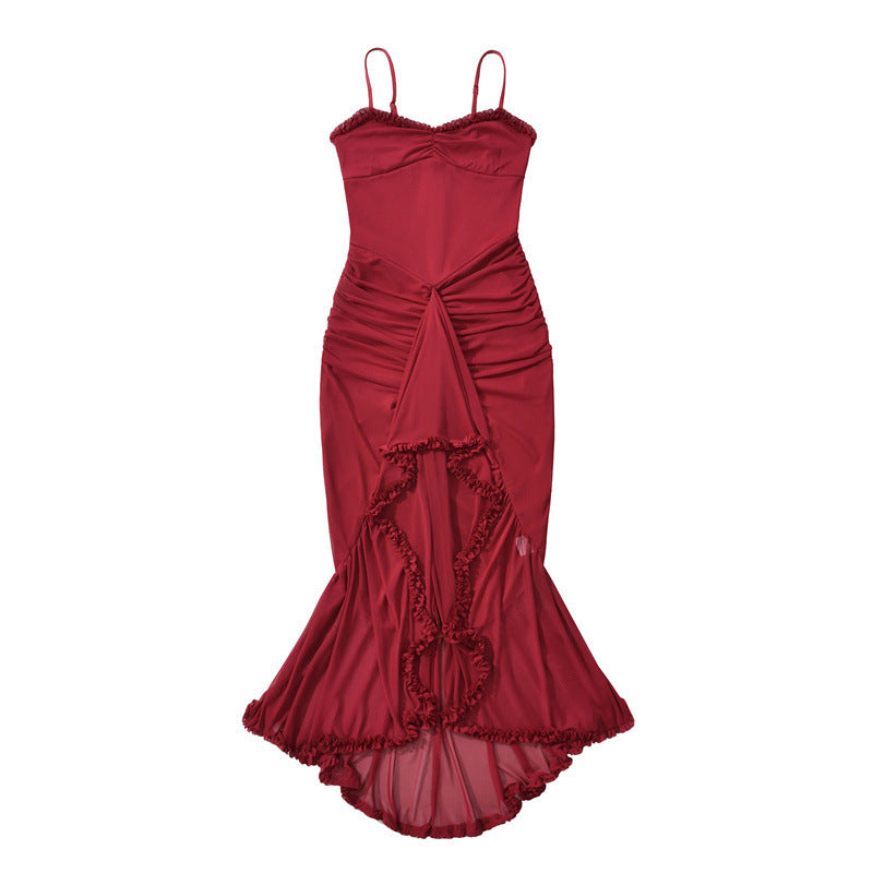Fudus Trägerkleid: Asymmetrisches Netzkleid mit Schlitz
