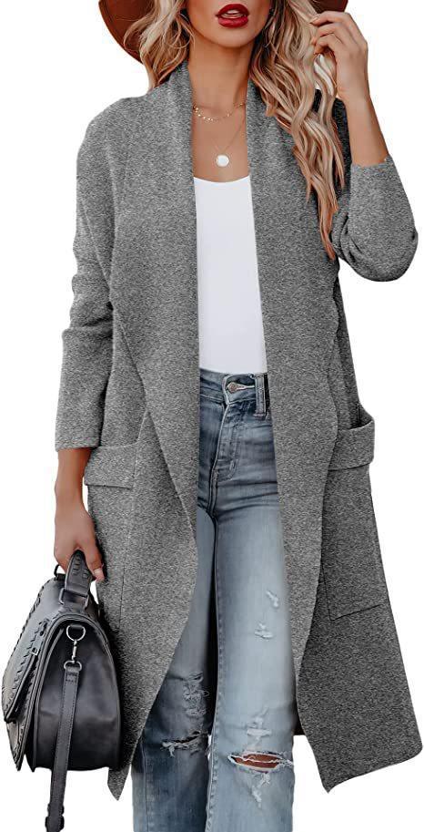 Damen lässiger Cardigan mit langen Ärmeln und praktischen Taschen Amawinc