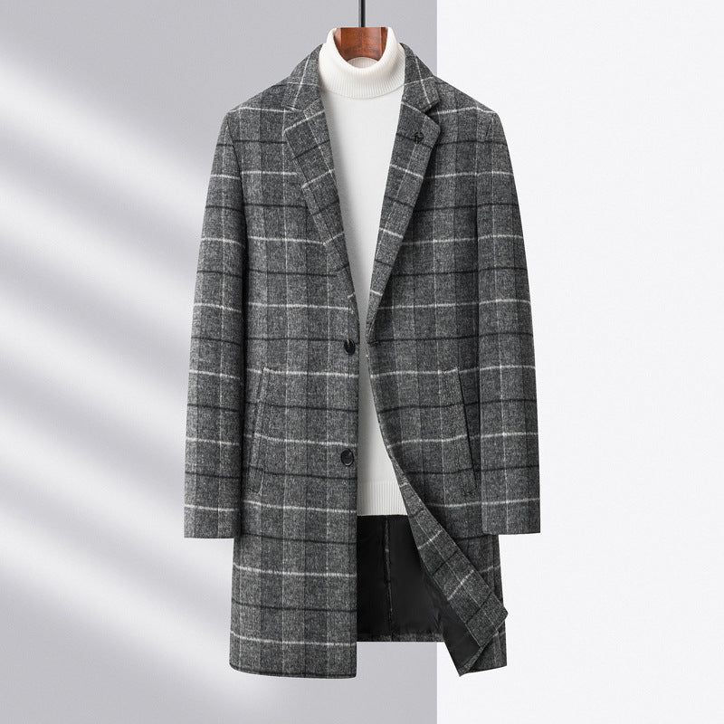 Manteau Homme En Laine Mélangée Motif À Carreaux Mi Long Revers À Cran Fermeture Frontale À Deux Boutons Classique