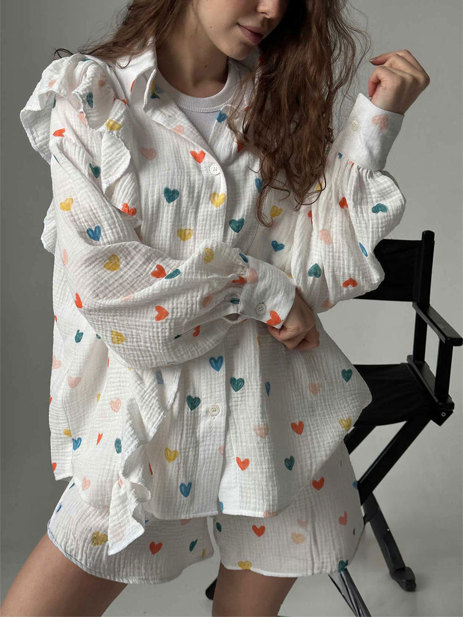 Damen Verspieltes Kurzarm-Oberteil und Shorts-Set mit Herz-Muster Amawinc