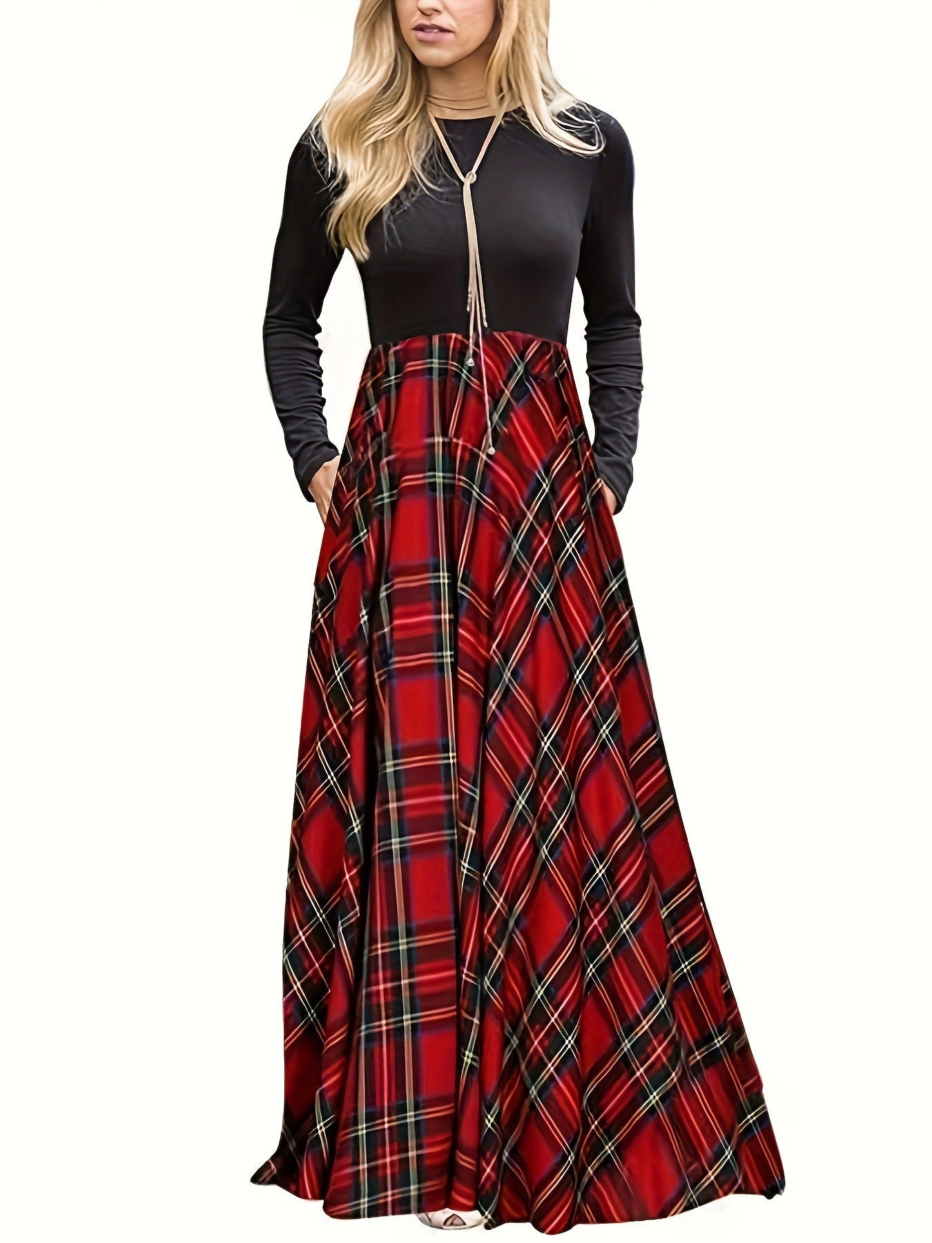 Damen Maxikleid mit modernem Karomuster und langen Ärmeln Amawinc