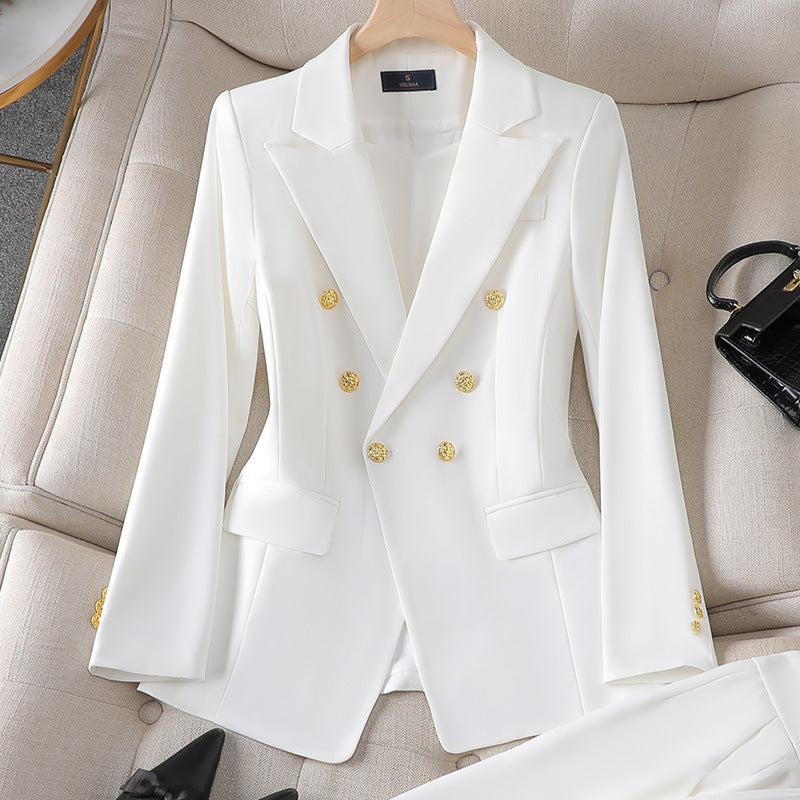 Veste Blazer Femme Amawinc Coupe Cintrée Double Boutonnage Boutons Or Élégants Style Classique