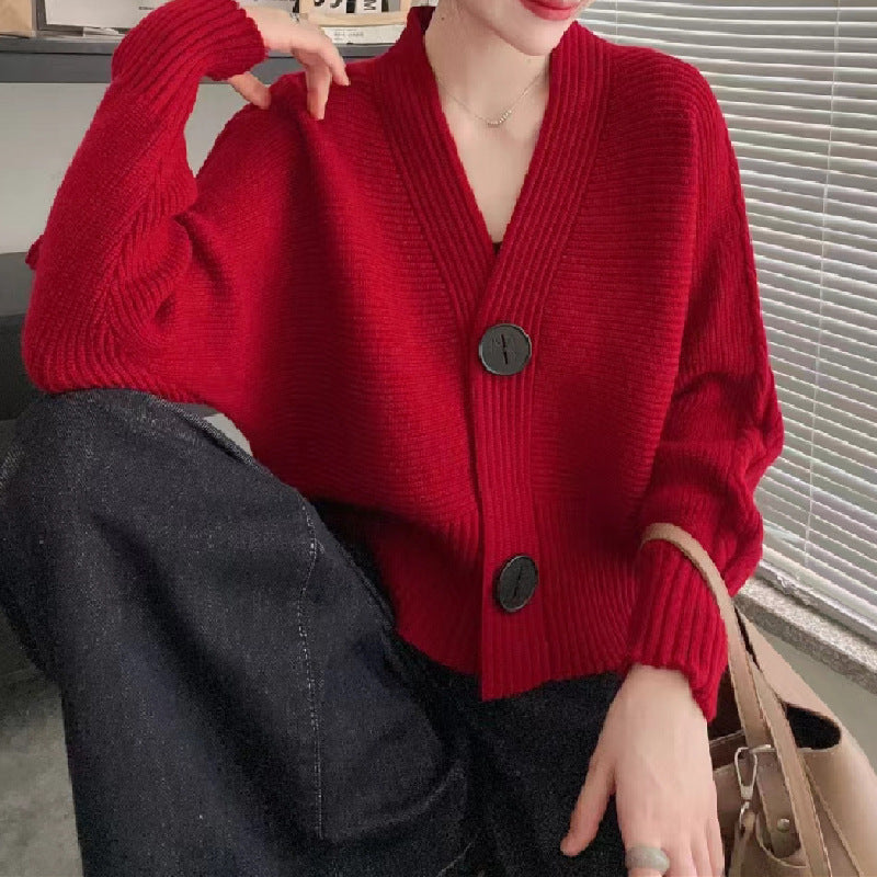 Damen modische Strickjacke mit großen Knöpfen und seitlich offenen Ärmeln Amawinc