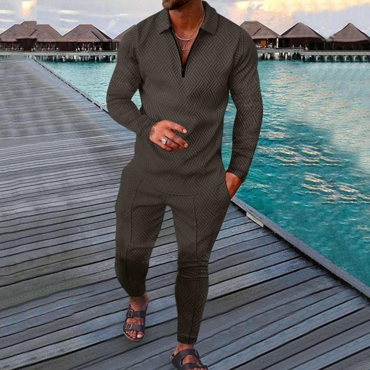 Ensemble Homme Deux Pièces Slim Fit Loisirs Sport Avec Polo À Manches Longues Et Imprimé 3D Respirant Par Amawinc