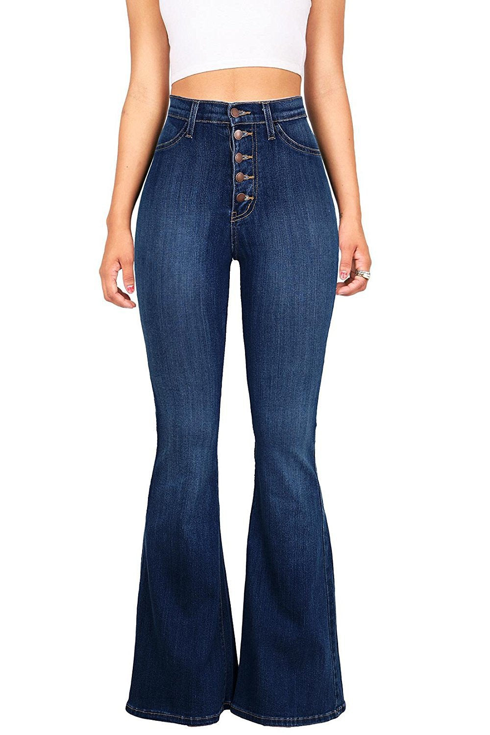 Damen Flared Jeans mit hohem Bund und dekorativer Knopfleiste Amawinc