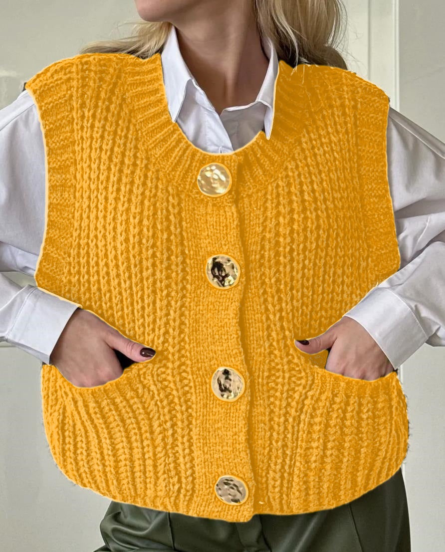 Damen gemütliche Strickweste mit großen Knöpfen und praktischen Taschen Amawinc