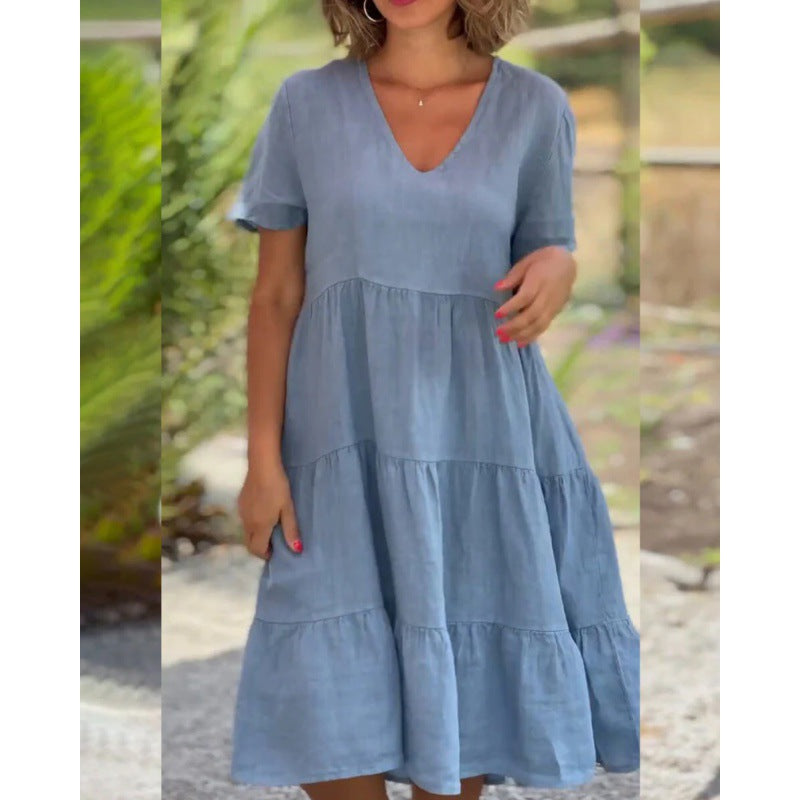 Fudus lässiges, unifarbenes, ausgestelltes Minikleid mit V-Ausschnitt
