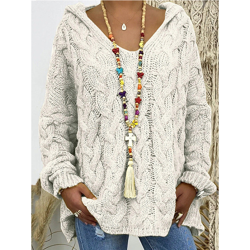 Damen Hoody aus Grobstrick mit V-Ausschnitt und dekorativem Kordelzug Amawinc