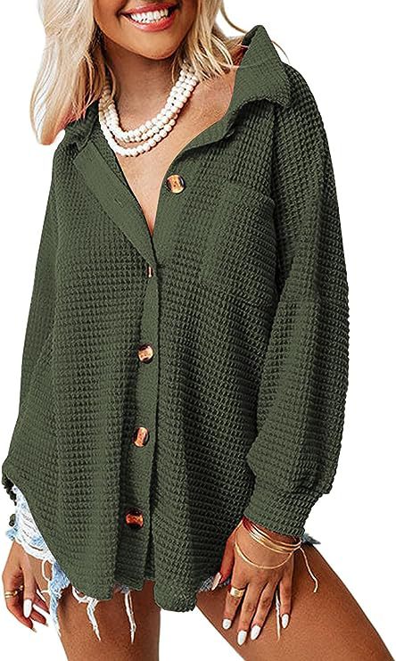 Damen lässige Waffle-Hemdenjacke mit Knopfverschluss Amawinc