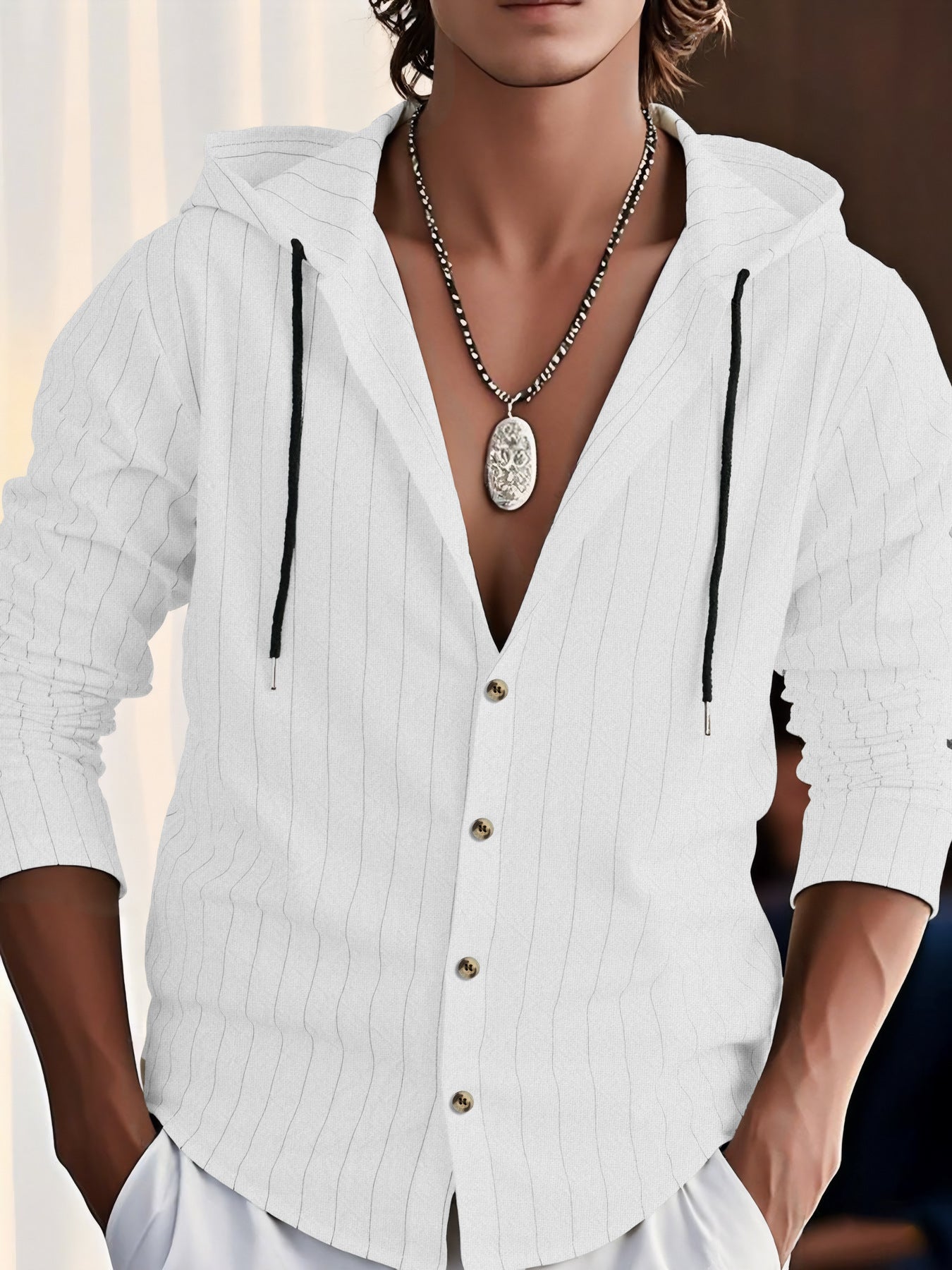 Chemise À Capuche Pour Homme En Mélange De Coton Coupe Décontractée Bouton Devant Motif Rayures Texturées