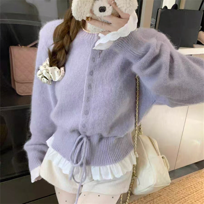 Damen Strickjacke mit Rüschensaum und Perlenknöpfen Amawinc