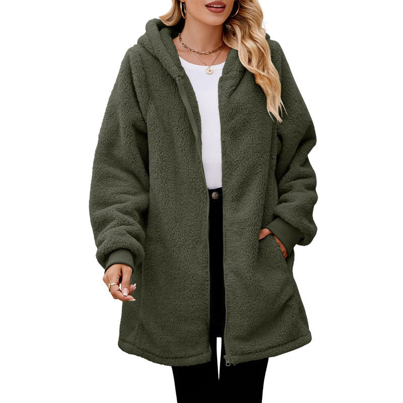 Damen kuschelige Fleecejacke mit Kapuze und seitlichen Eingrifftaschen Amawinc