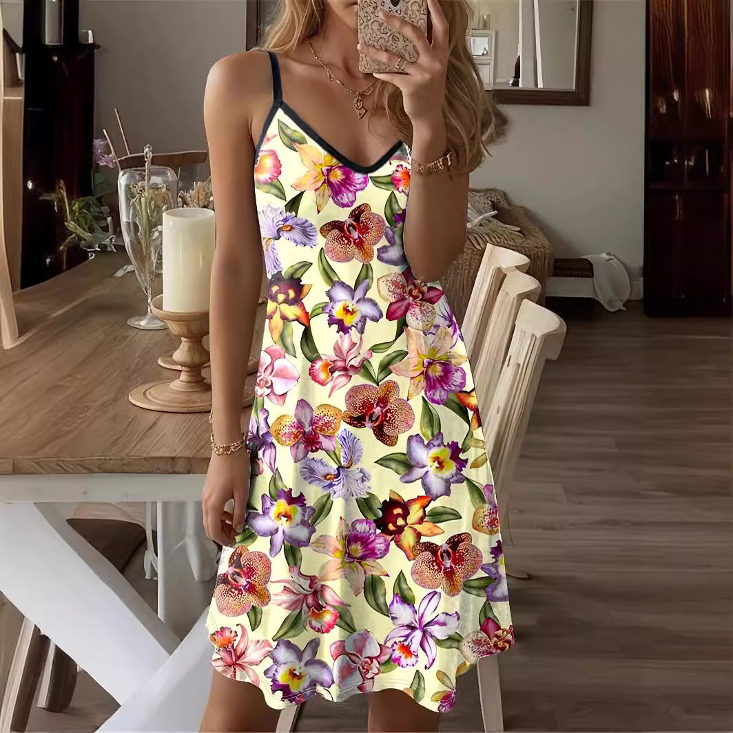 Robe Mini Femme A Ligne Décolleté En V Bretelles Spaghetti En Coton Léger Été Élégante