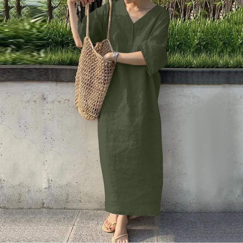 Baumwoll-Leinen Kleid von Fudus mit V-Ausschnitt