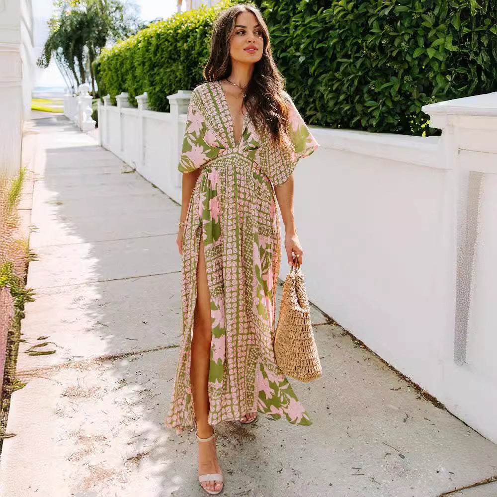 Robe Maxi Femme Flottante Encolure Cache Coeur Motif Floral Avec Fente Pour Été Élégante Amawinc
