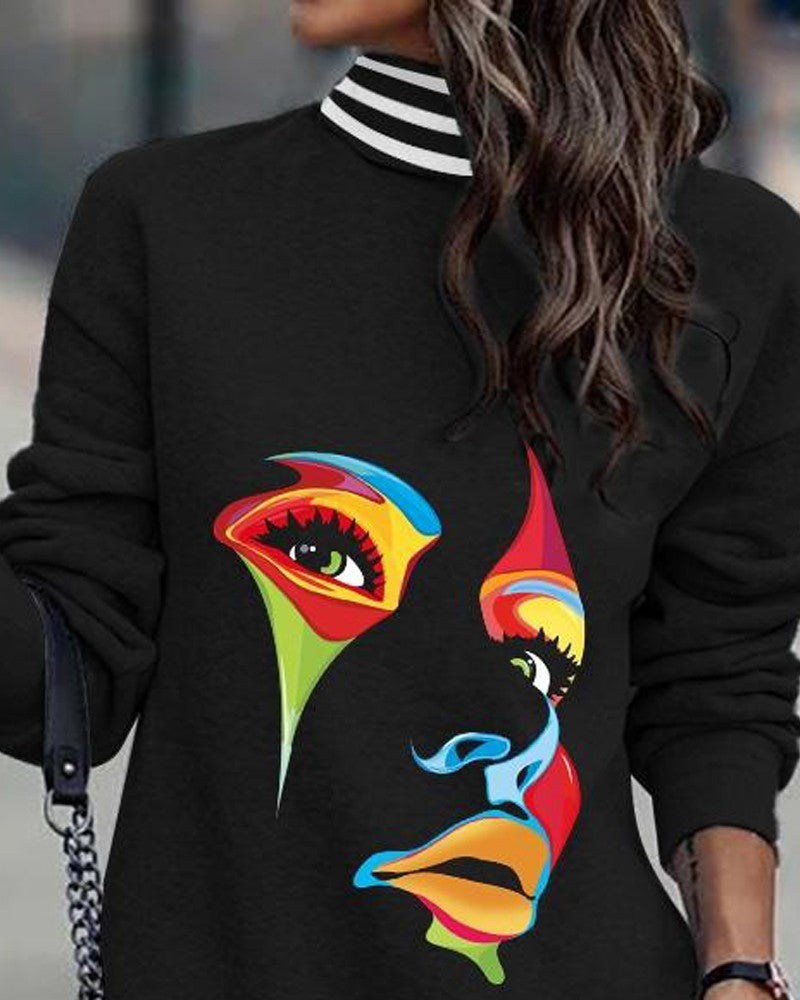 Damen modisches Sweatkleid mit hohem Kragen und grafischem Design Amawinc