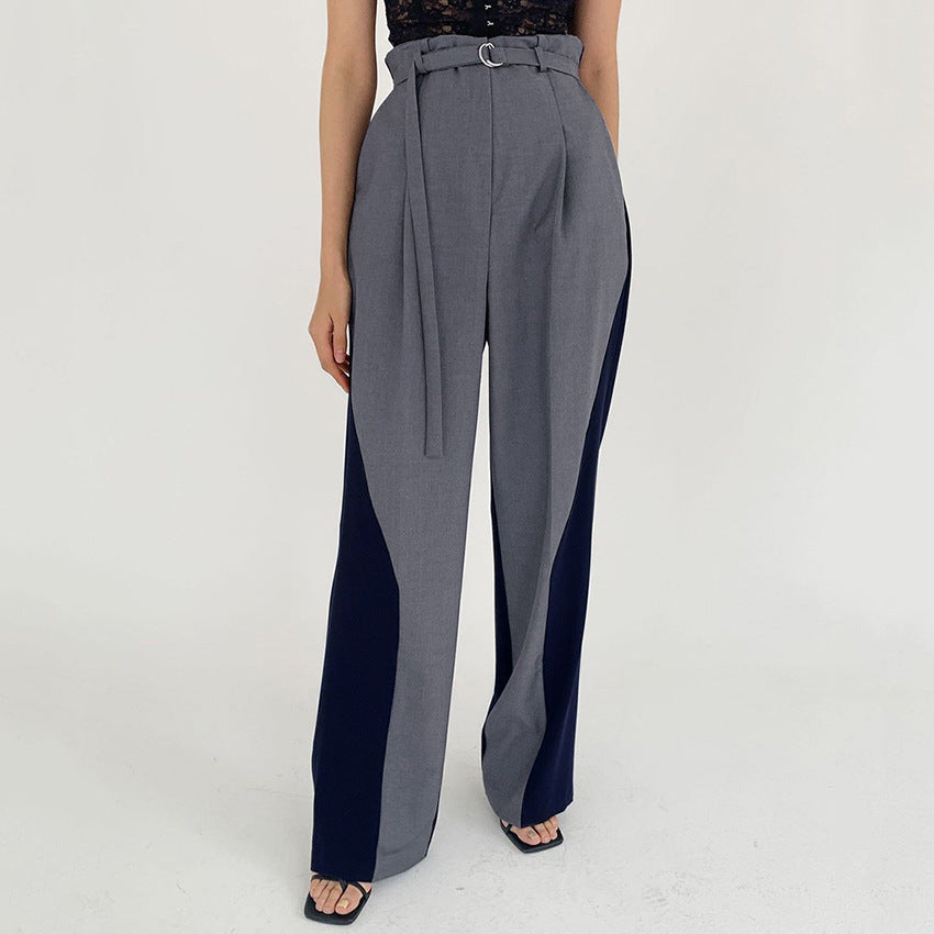 Pantalon Femme Coupe Large Taille Haute Avec Ceinture À Boucle Anneau Design Color Block Pour Travail Et Loisirs
