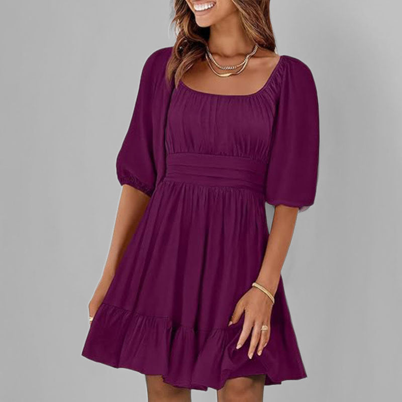 Robe Femme Amawinc En Coton À Coupe Évasée Col Carré Manches Bouffantes Ourlet À Volants