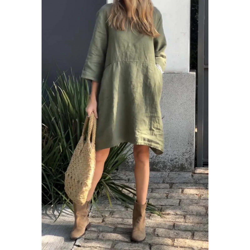 Einfarbiges, lockeres Baumwoll-Leinenkleid von Fudus