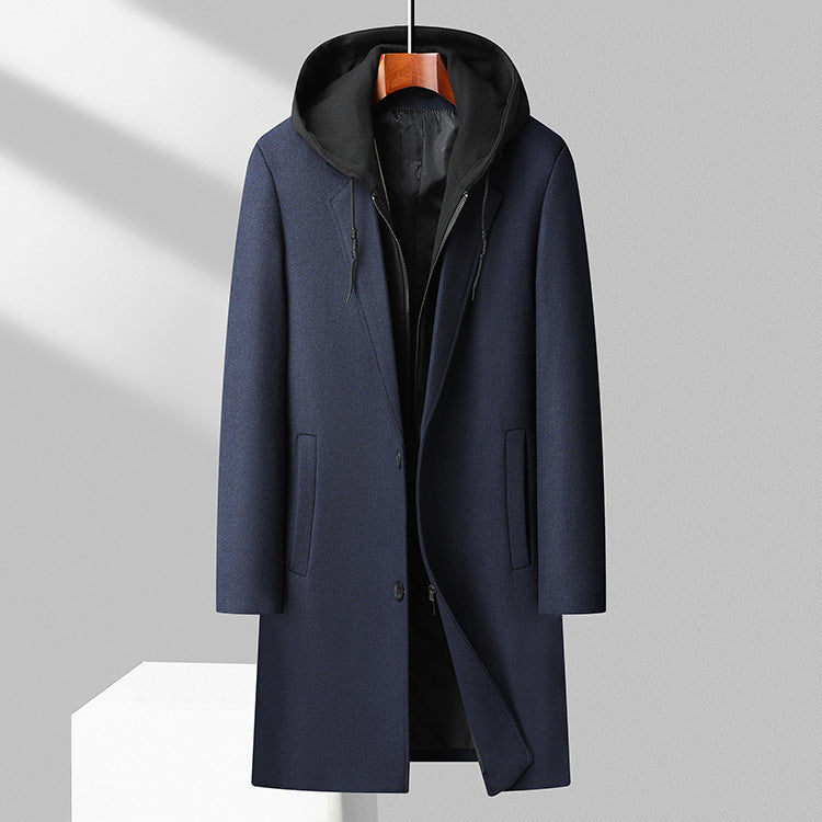 Manteau Long Pour Homme En Mélange De Laine À Capuche Avec Boutons Devant Classique Pour L Hiver