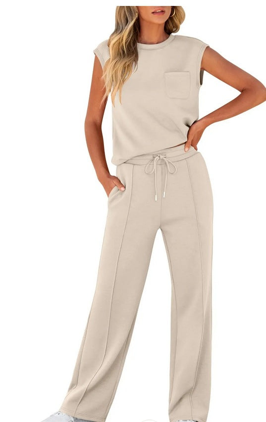 Ensemble Deux Pièces Femme Haut Sans Manches Coupe Ample Tissu Léger Respirant Taille Avec Cordon
